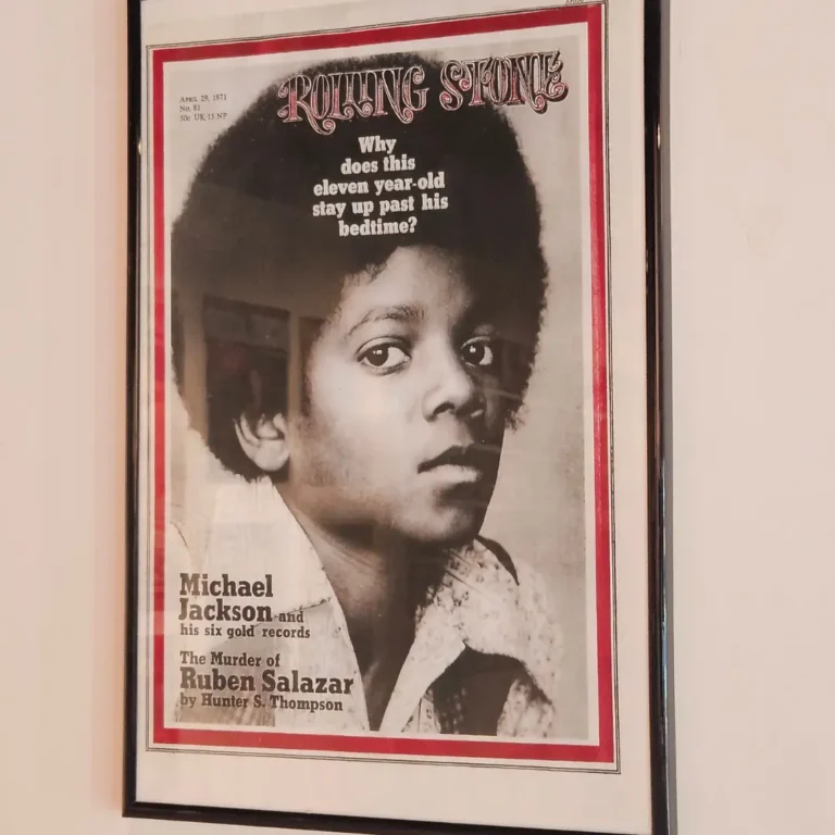 a black and white picture of rolling stone magazine cover featuring a young M.J. from the Michael Jackson museum/ exhibit in Philadelphia